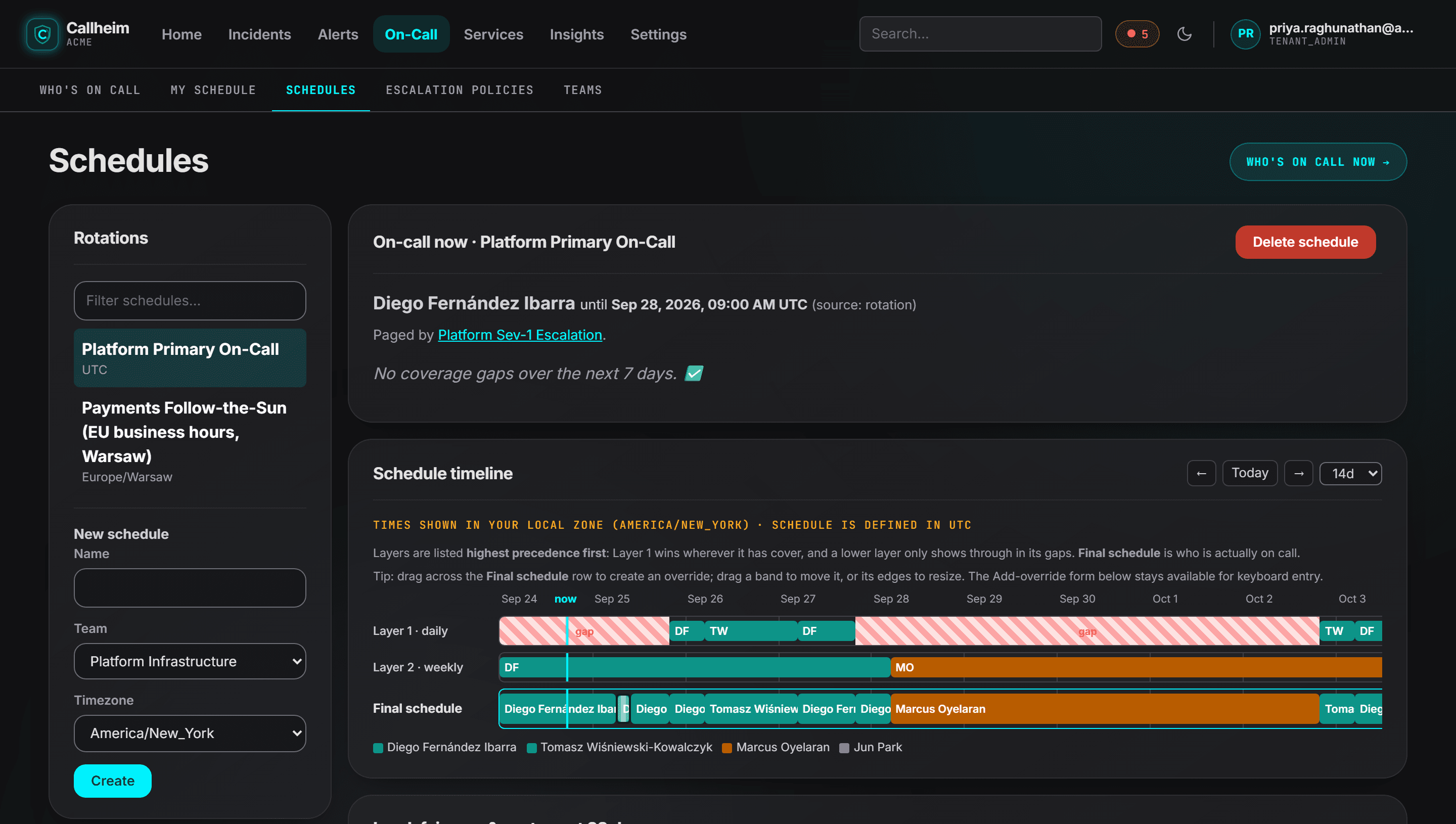 An on-call schedule timeline showing rotation layers and the final schedule they resolve to